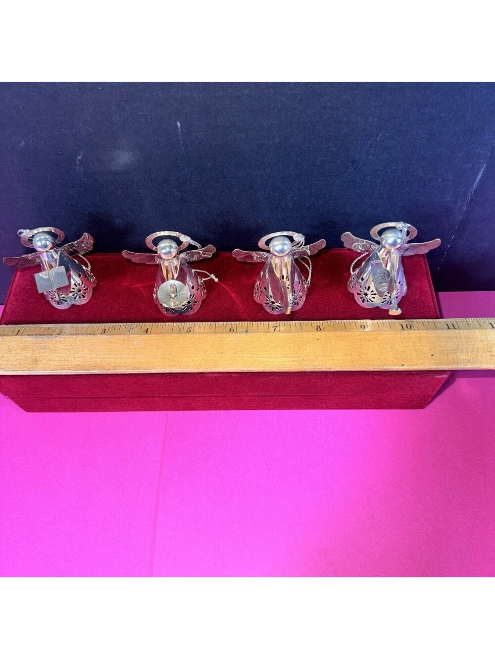 4 Vintage Silver Metal Angel Ornaments Red Velvet Box Christmas Holiday Decor